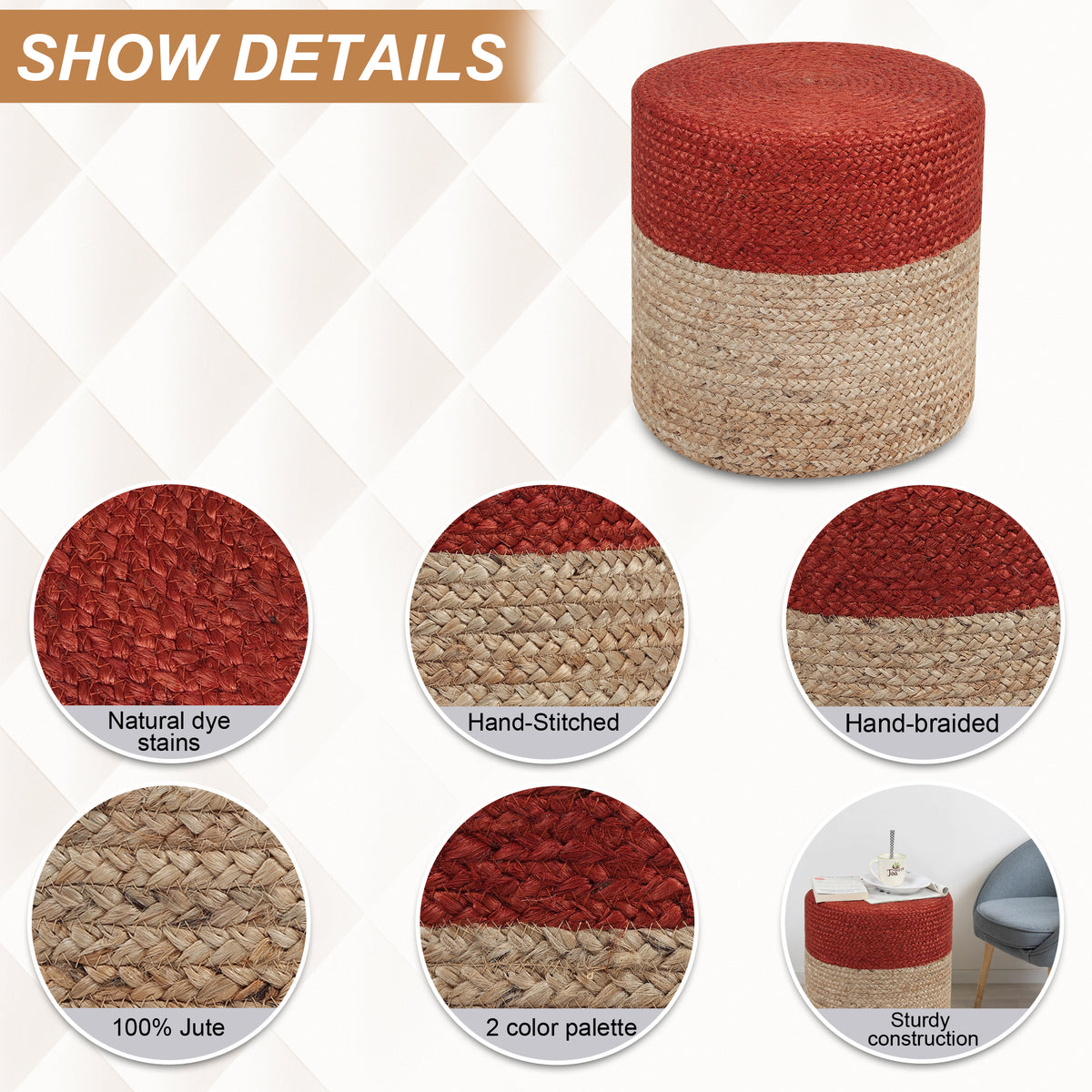 Ruby Radiance Pouf , 16”x16”
